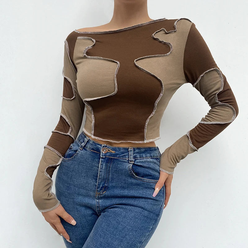 "Cocoa Contrast Dreams" 
Two-Tone Brown Patchwork Croptop