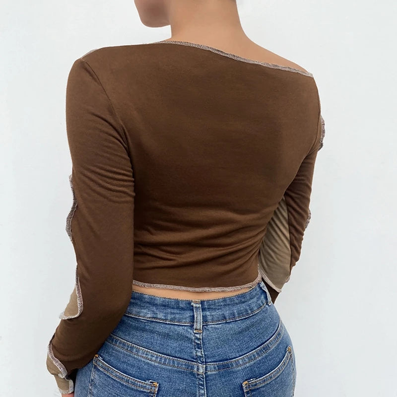 "Cocoa Contrast Dreams" 
Two-Tone Brown Patchwork Croptop