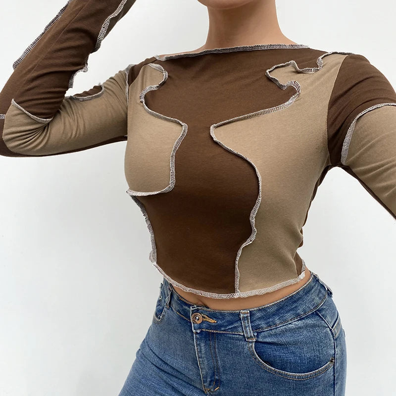 "Cocoa Contrast Dreams" 
Two-Tone Brown Patchwork Croptop