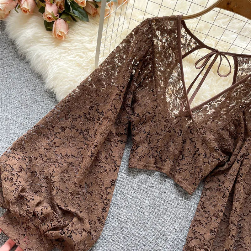 Lace Blouse Women Elegant V-Neck Puff Long Sleeve