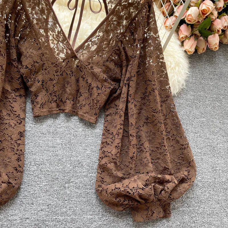 Lace Blouse Women Elegant V-Neck Puff Long Sleeve