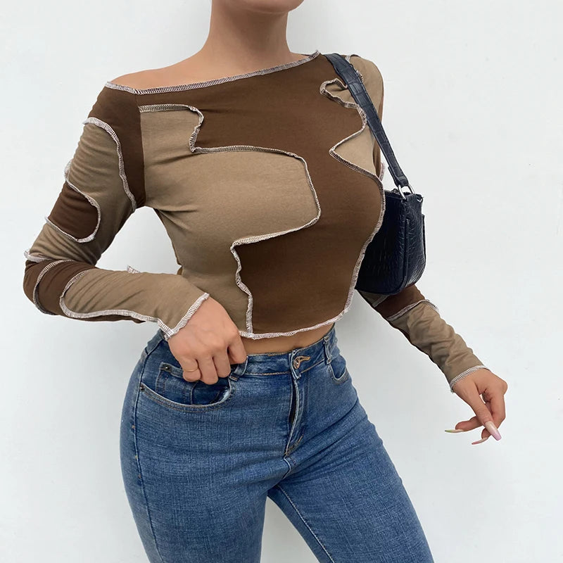 "Cocoa Contrast Dreams" 
Two-Tone Brown Patchwork Croptop