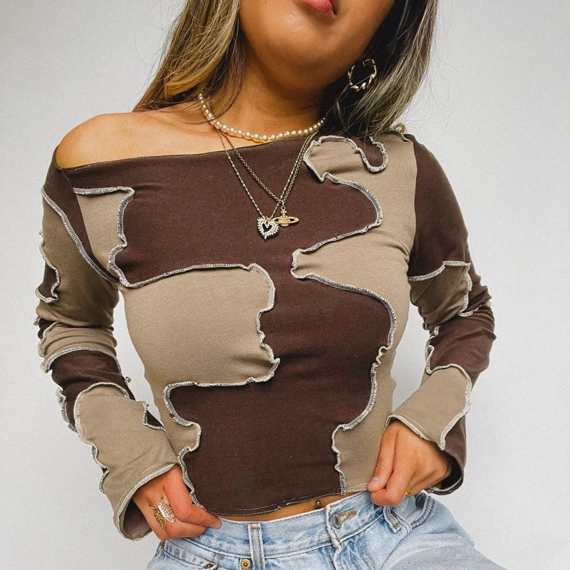 "Cocoa Contrast Dreams" 
Two-Tone Brown Patchwork Croptop