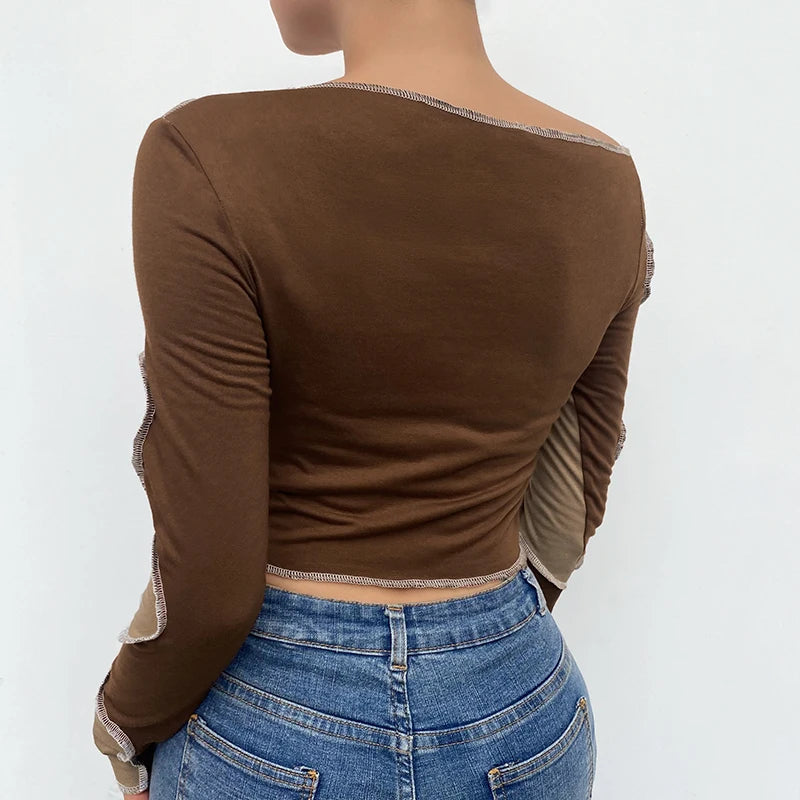 "Cocoa Contrast Dreams" 
Two-Tone Brown Patchwork Croptop